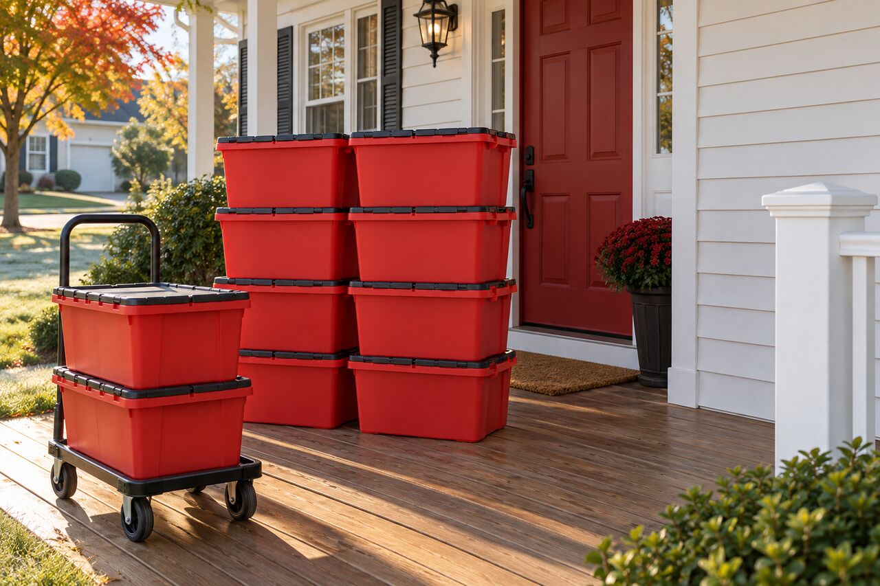 A stack of red moving totes and a dolly on a front porch