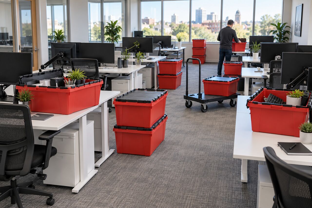 Red totes on and beside desks in an open office