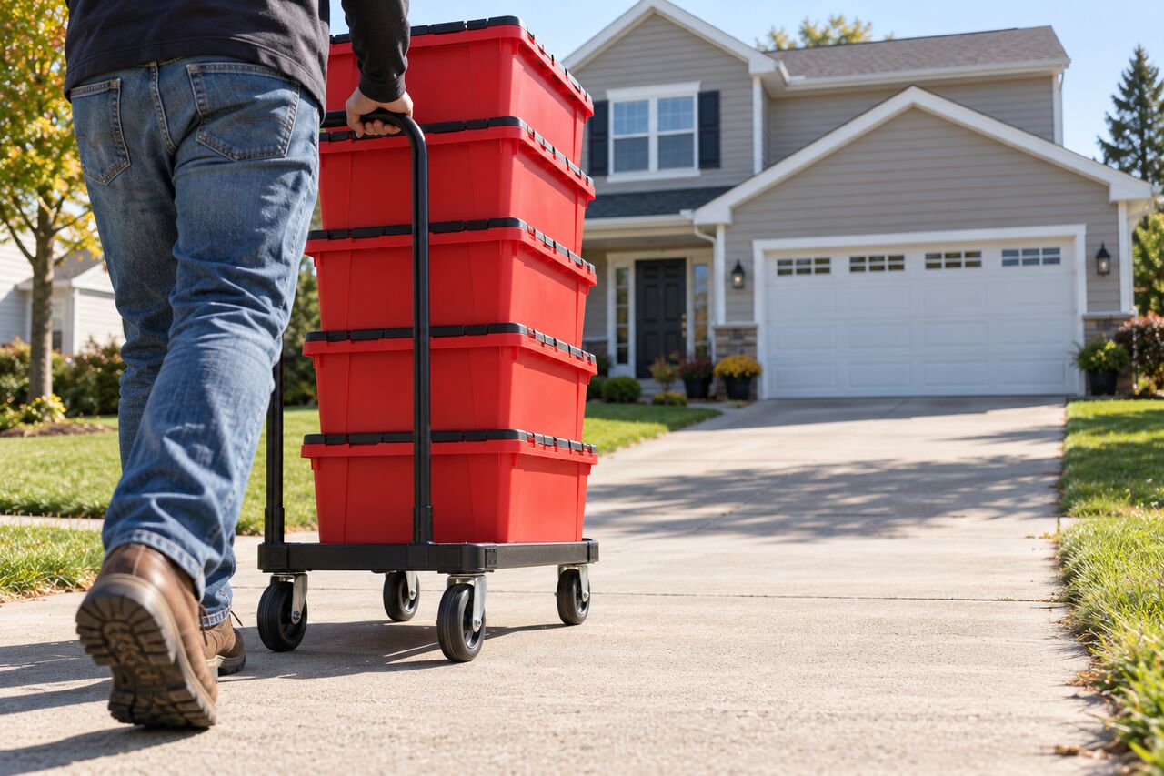 Red totes on a dolly rolling up a driveway toward a house