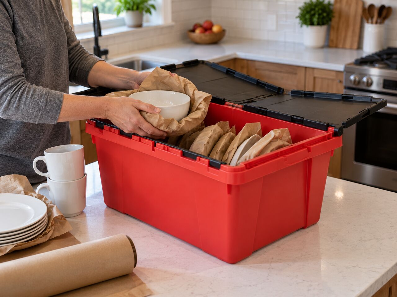 An open red tote on a kitchen counter, hands packing dishes in paper