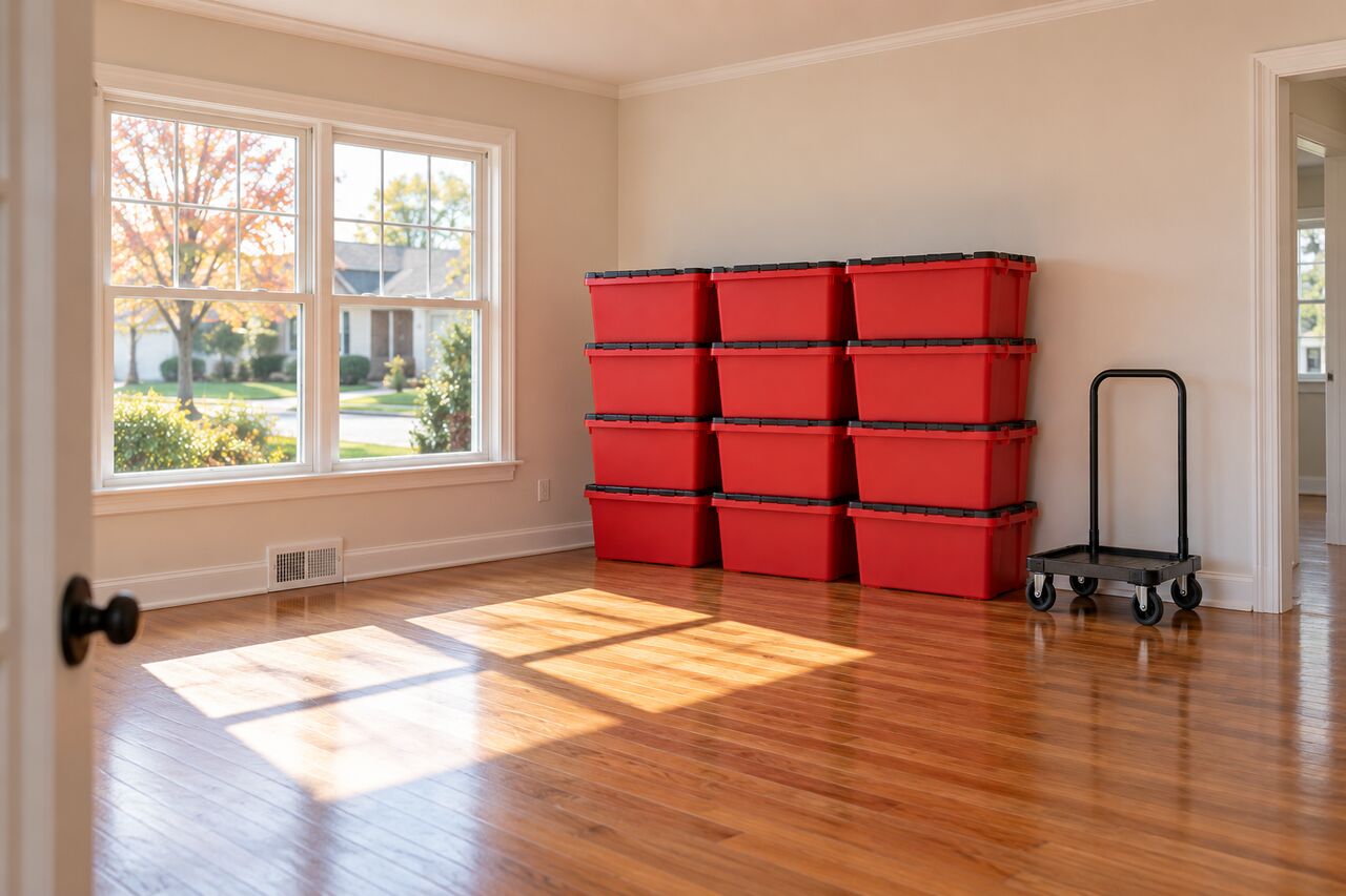 A neat stack of empty red totes in an empty living room by a window