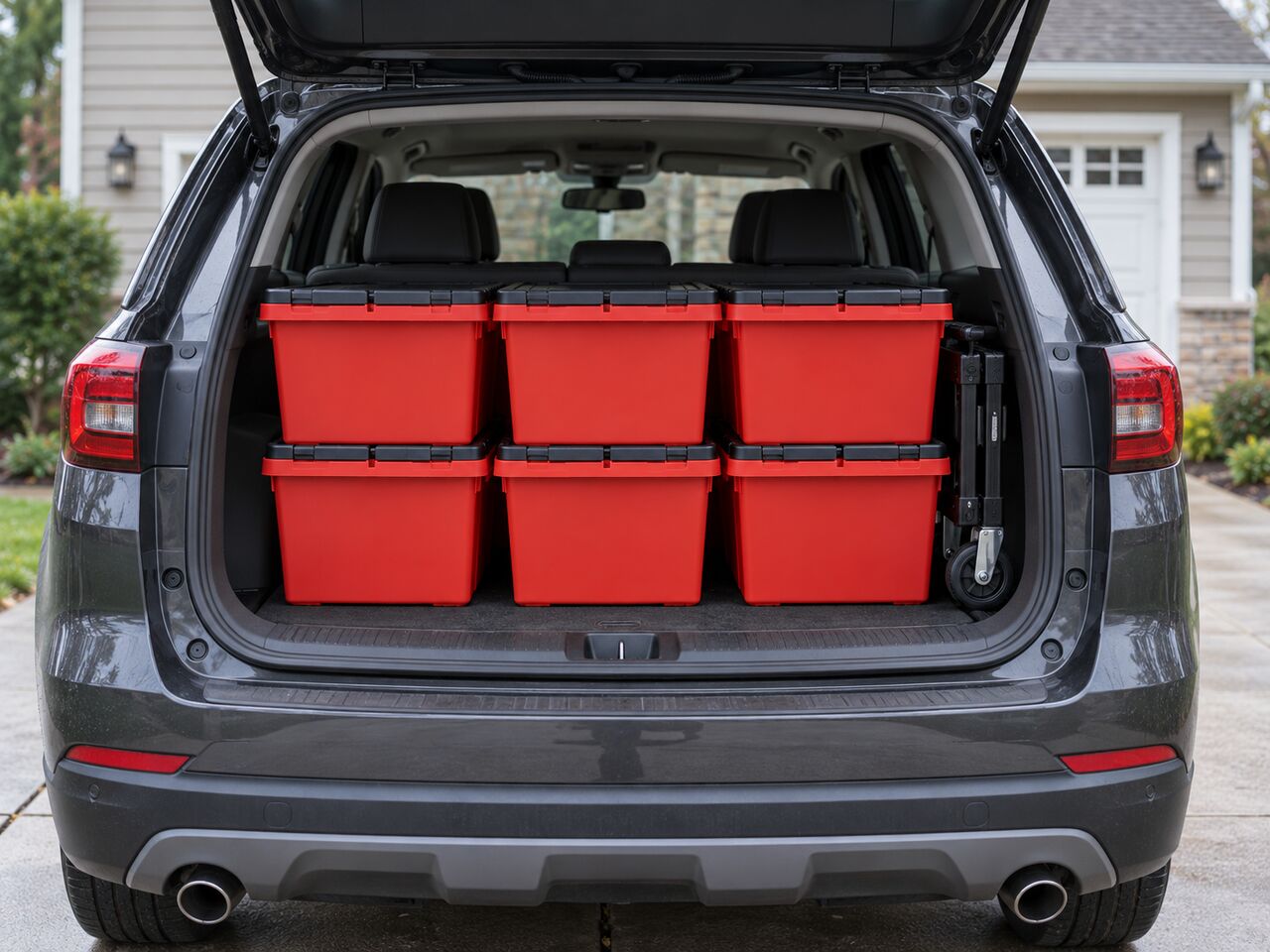 Red totes stacked in the back of an SUV with the tailgate open